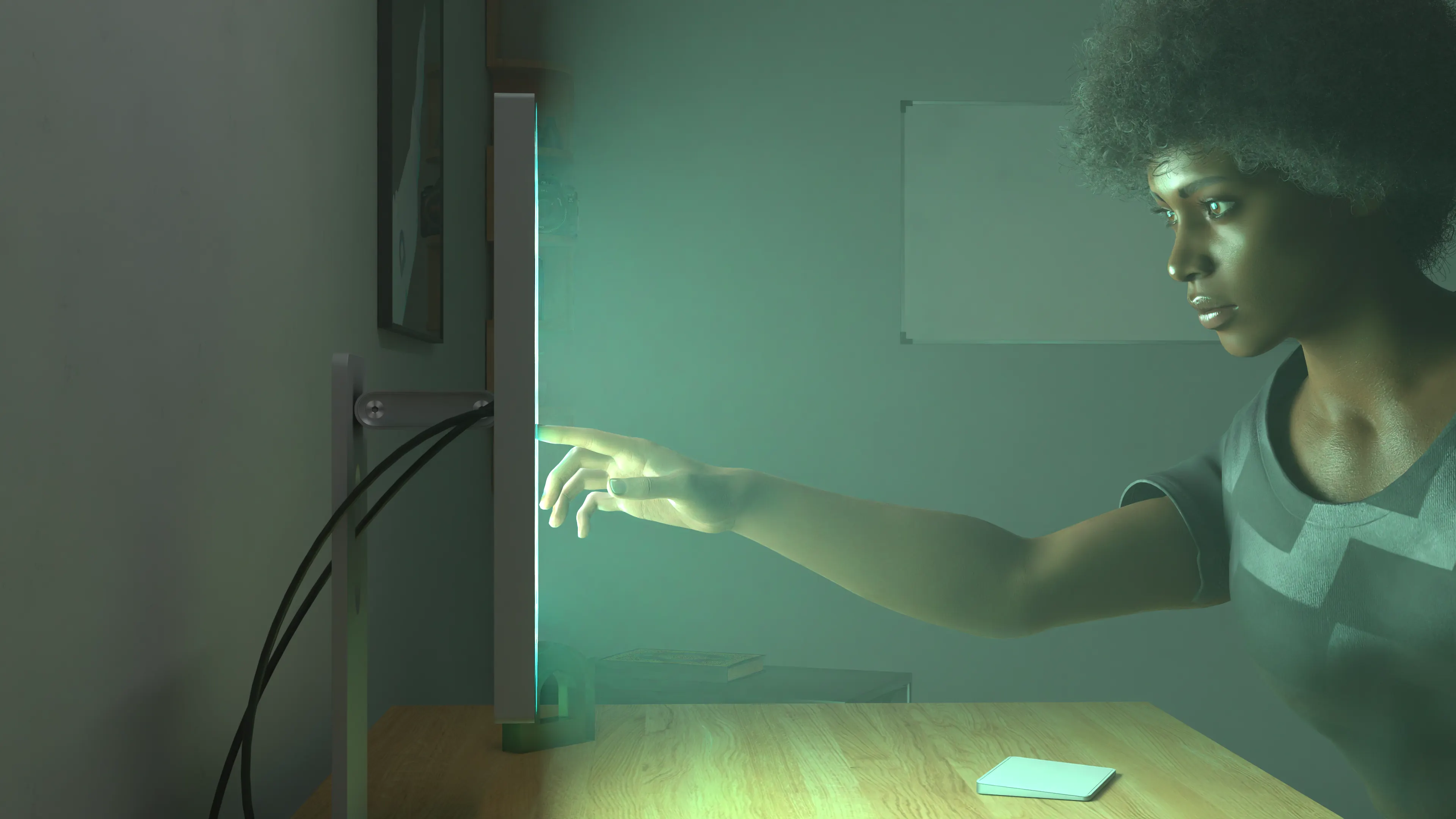 A person reaching out to touch a glowing screen